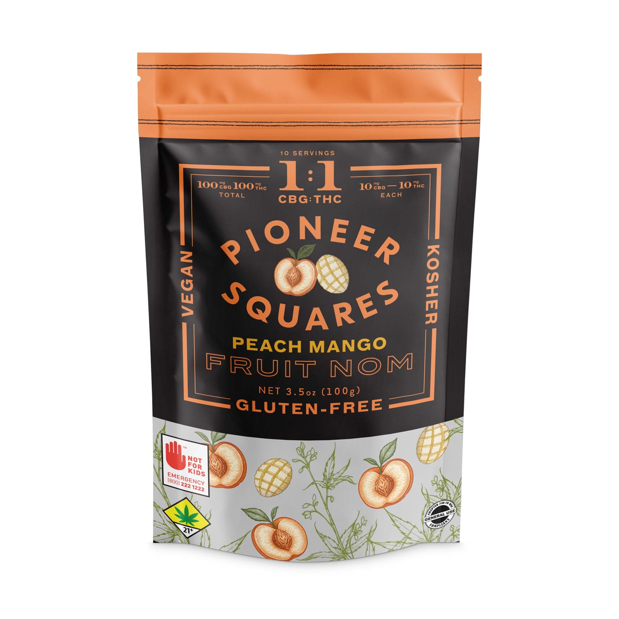 200mg - 10pk - 1:1 Peach Mango - Pioneer Squares - DOH Edibles (Solid) - Fruit Nom -CBG