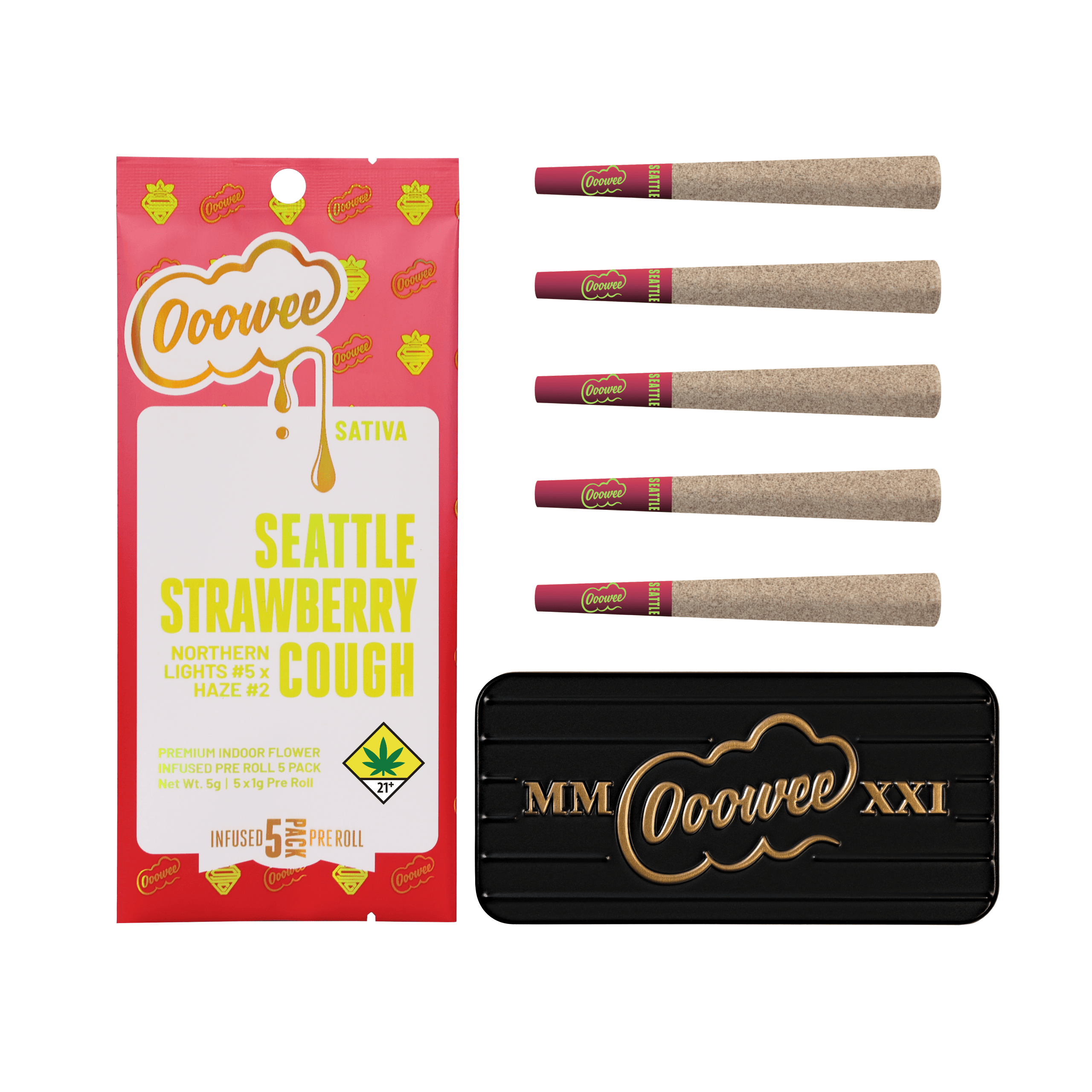 5pk/5g - Seattle Strawberry Cough - DOH Infused Prerolls - Ooowee (S)